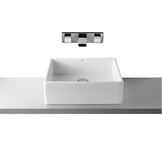 Lavatório de bancada Roca Sofia 46 cm quadrado branco, sem furo para torneira, com torneira de parede.