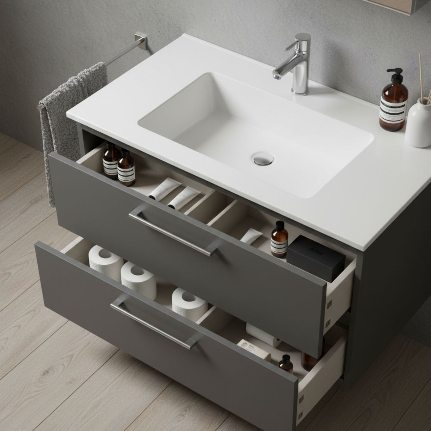 Lavatório de encastrar Lupi 81 branco Banhoazis em móvel de casa de banho cinza com gavetas