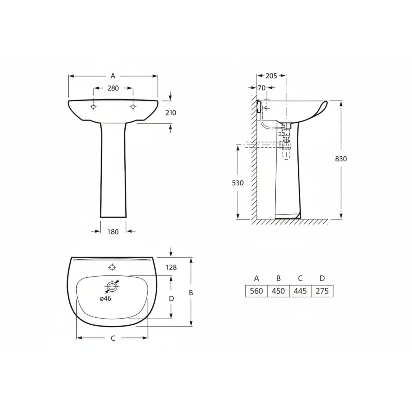 Lavatório Roca Polo 56 Branco WM810013Z0010F1 medidas técnicas