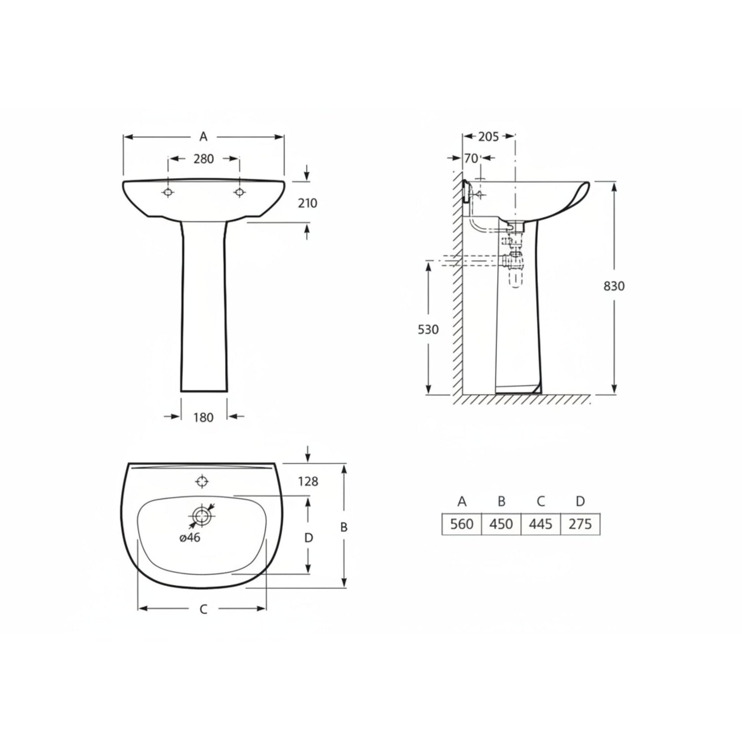 Lavatório Roca Polo 56 Branco WM810013Z0010F1 medidas técnicas