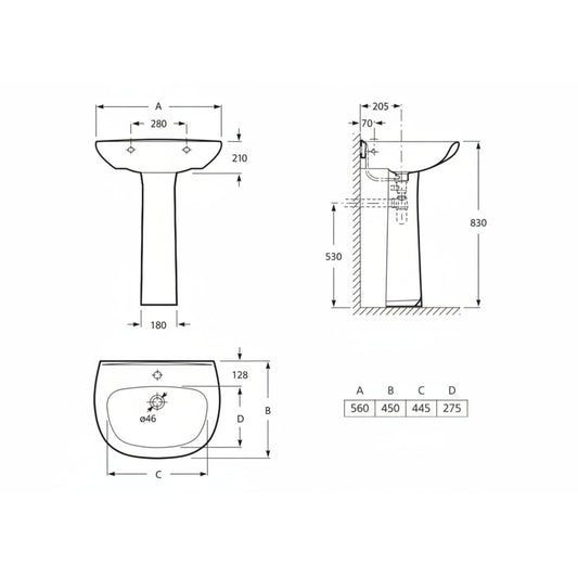 Lavatório Roca Polo 56 Branco WM810013Z0010F1 medidas técnicas