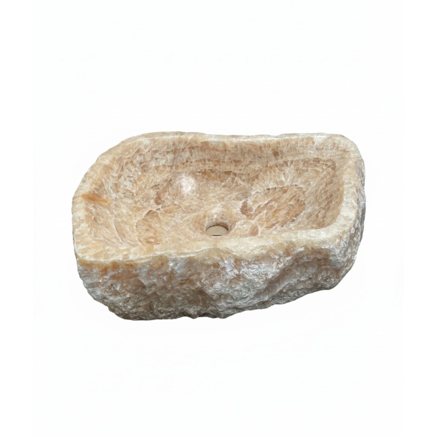 Lavatório de pousar retangular Fosil Onix 13 em pedra natural com exterior rustico.