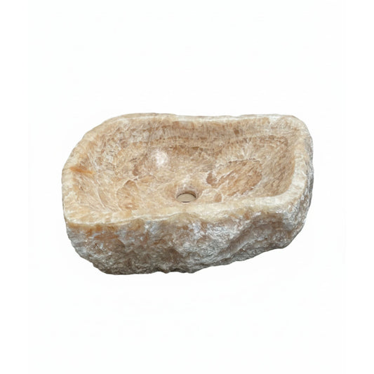 Lavatório de pousar retangular Fosil Onix 13 em pedra natural com exterior rustico.