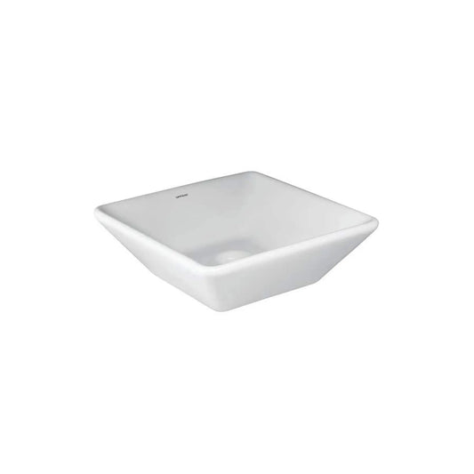 alt='Lavatório de pousar quadrado Sanidusa Sign 40x40cm em cerâmica branca, visto em perspetiva.'