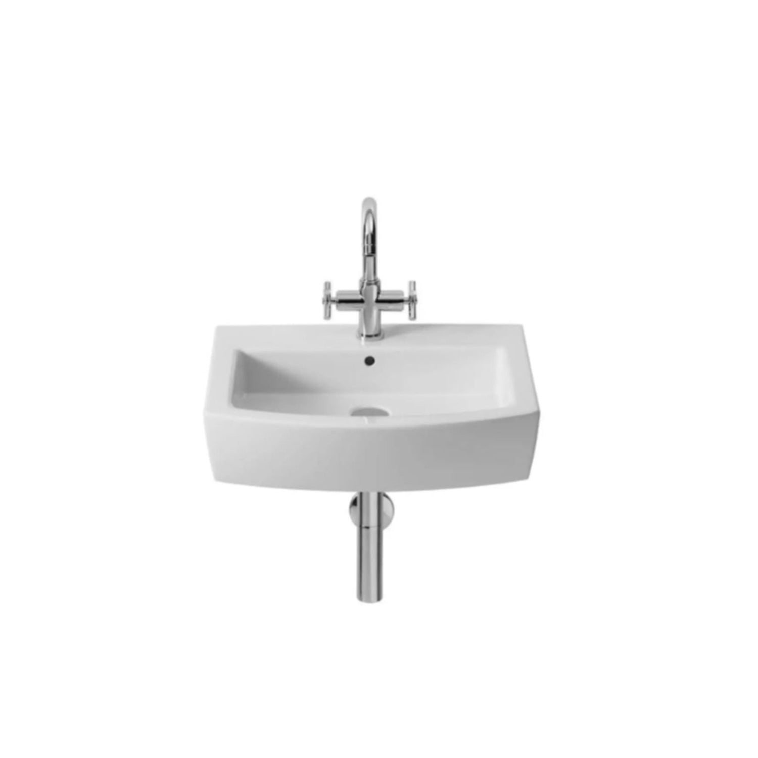 Lavatório Roca Hall 55 branco com furo central para torneira e descarga visível.