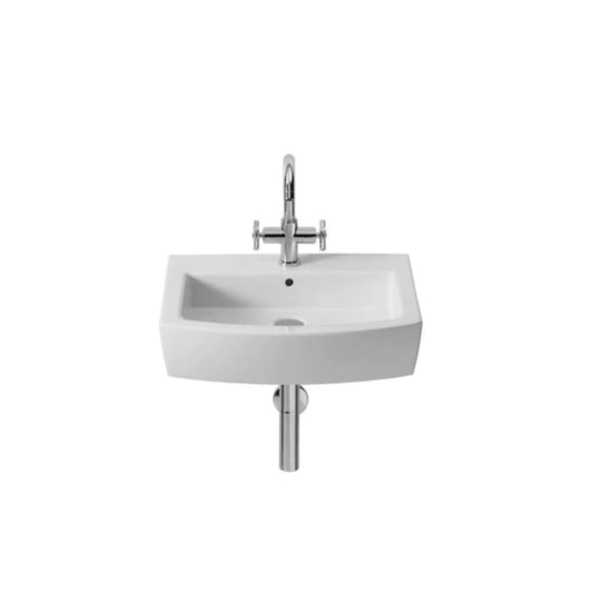 Lavatório Roca Hall 55 branco com furo central para torneira e descarga visível.