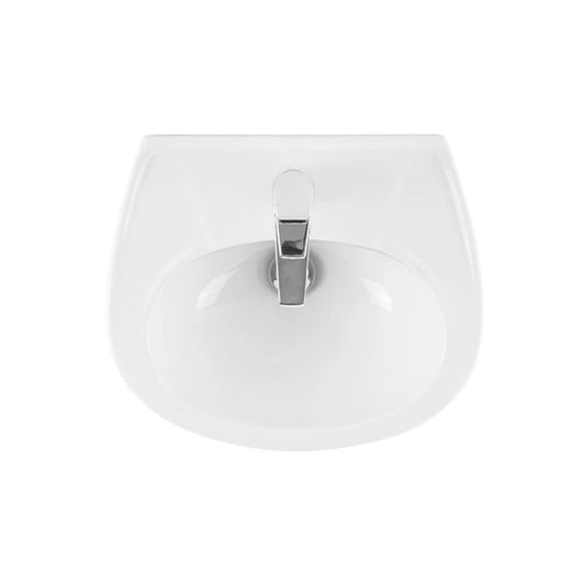 Vista de cima do lavatório oval Sanindusa Mondego destacando a furação para torneira e descarga.