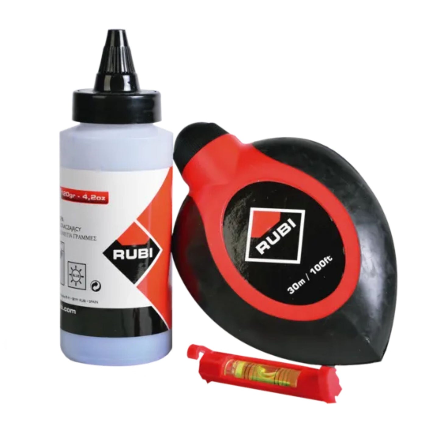 Kit Marcador de Linhas Rubi Master N preto e vermelho com garrafa de pó azul e nível de bolha.