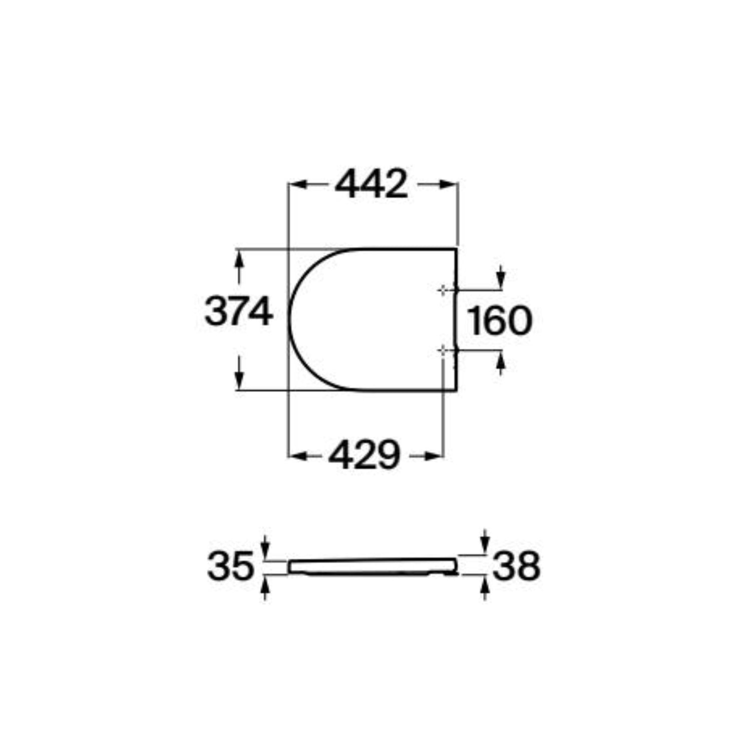 Esquema técnico com dimensões do tampo de sanita Inspira Round mostrando 374mm de largura e 442mm de comprimento.