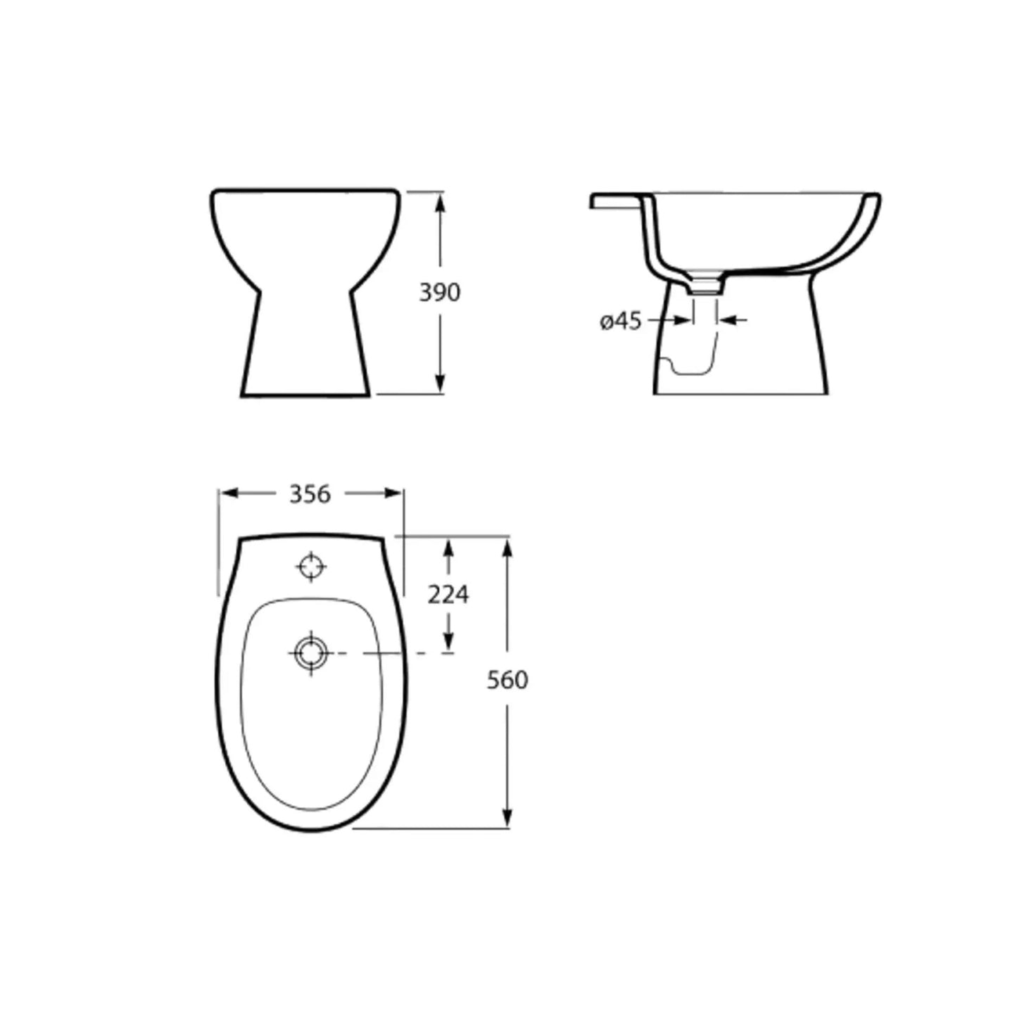 Esquema técnico do bidé Polo com dimensões de 560x356mm e altura de 390mm.