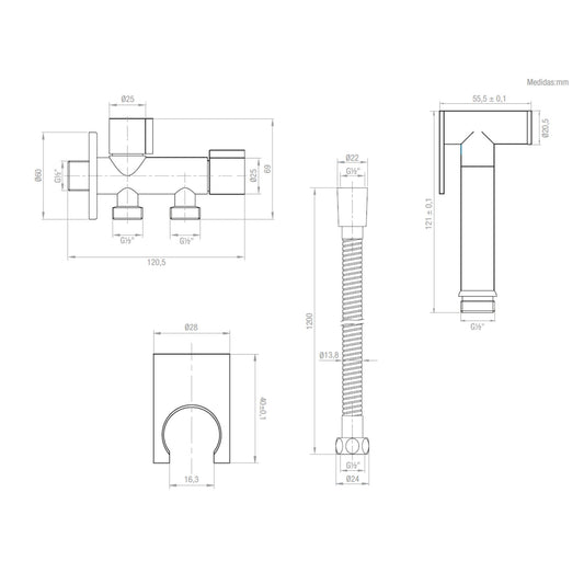 Desenho técnico com dimensões do chuveiro higiénico Elegance, detalhando corpo de 120,5mm e bicha de 1,2m.