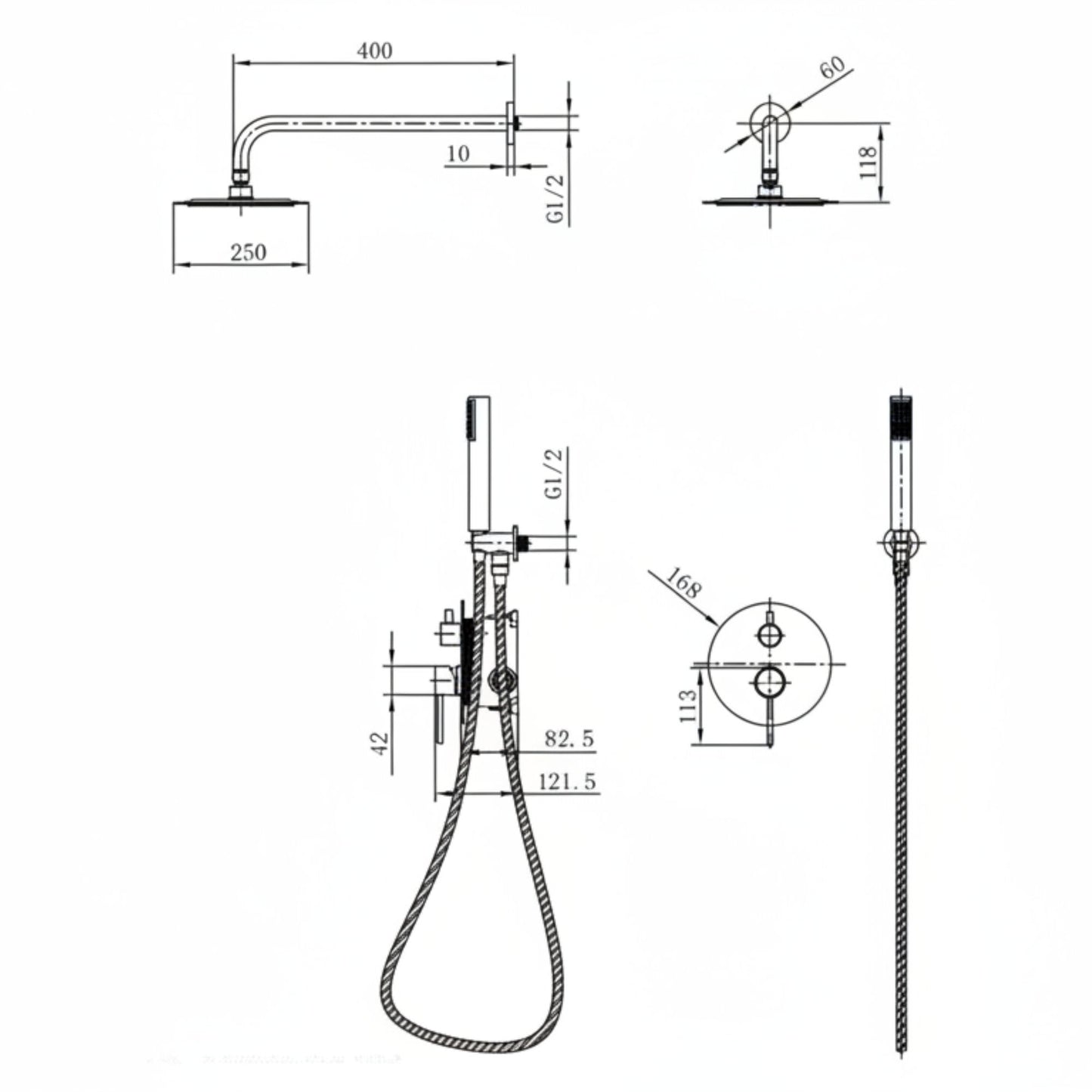 Desenho técnico com dimensões do conjunto de duche de encastrar Monza.