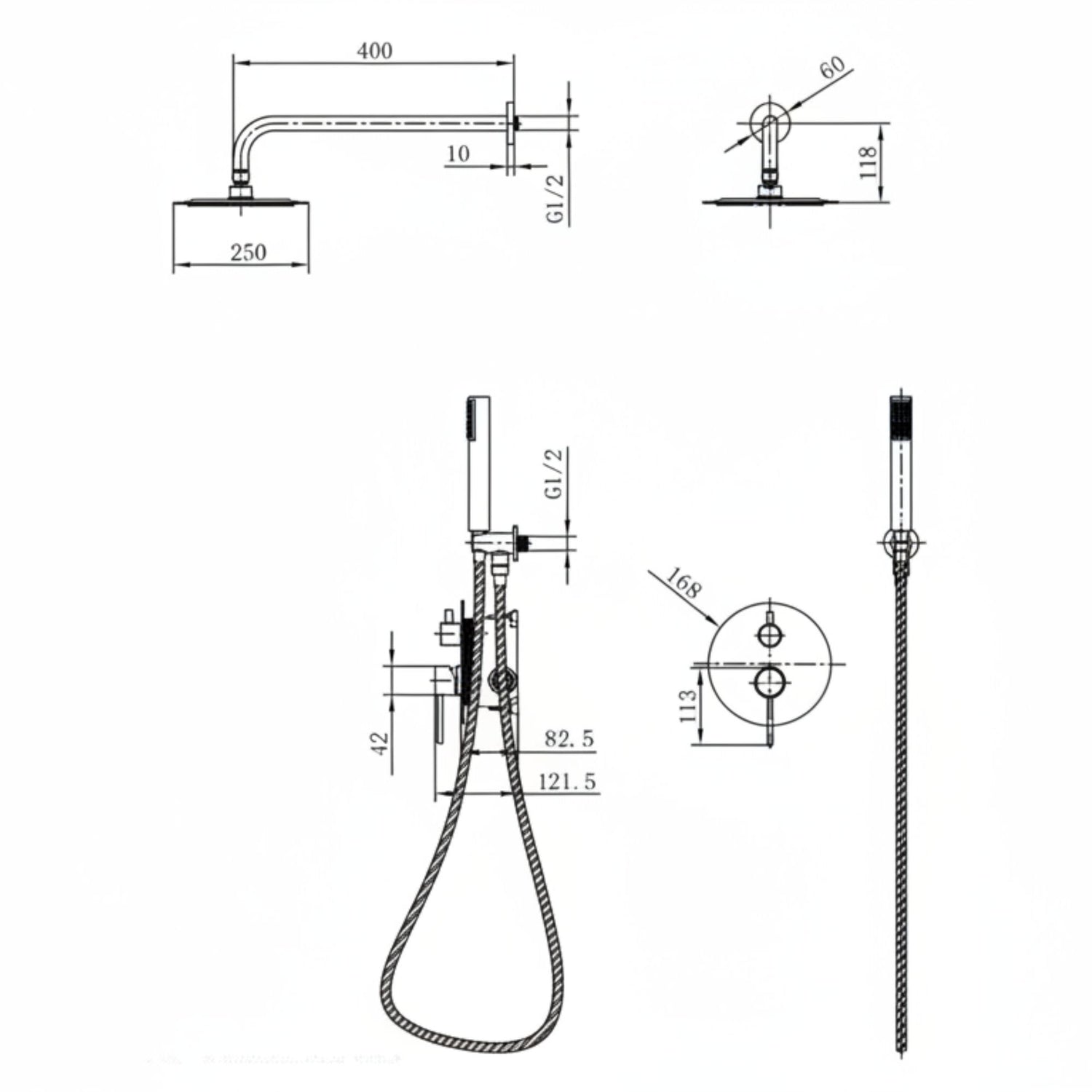 Desenho técnico com dimensões do conjunto de duche de encastrar Monza.