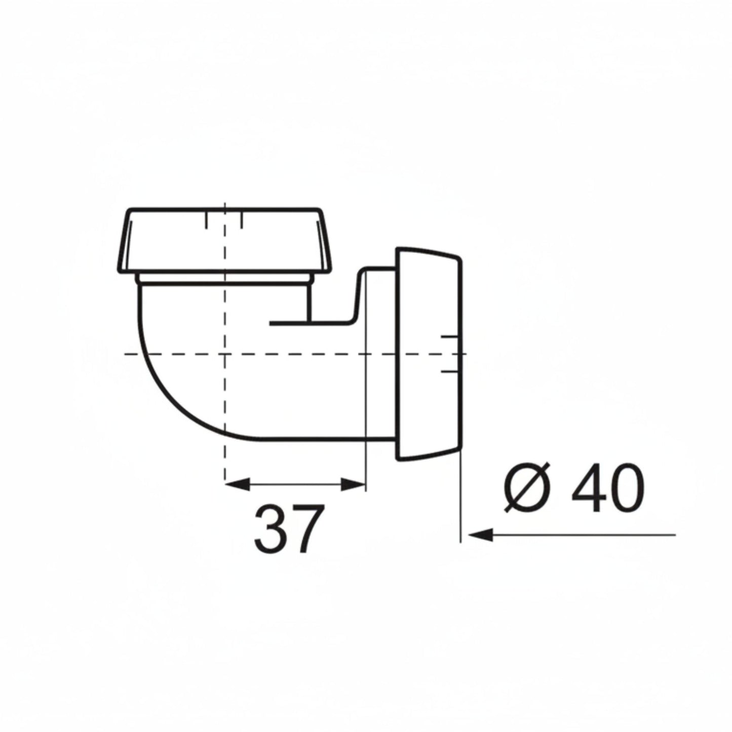 Desenho técnico da curva plástica Wirquin exibindo diâmetro de 40mm e cota de 37mm.