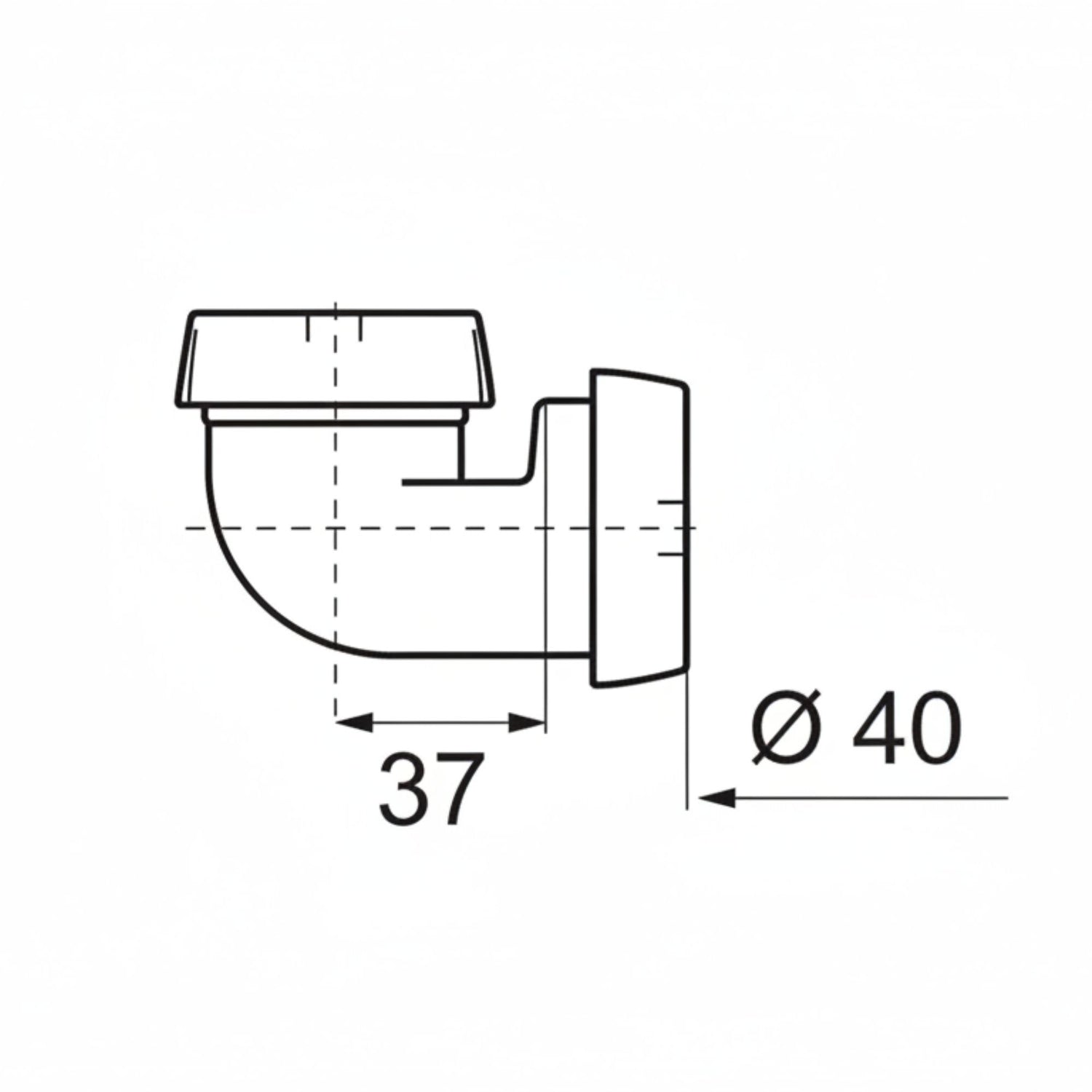 Desenho técnico da curva plástica Wirquin exibindo diâmetro de 40mm e cota de 37mm.