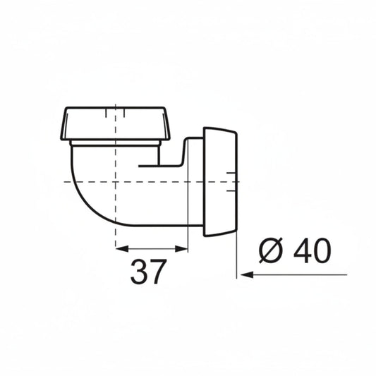 Desenho técnico da curva plástica Wirquin exibindo diâmetro de 40mm e cota de 37mm.