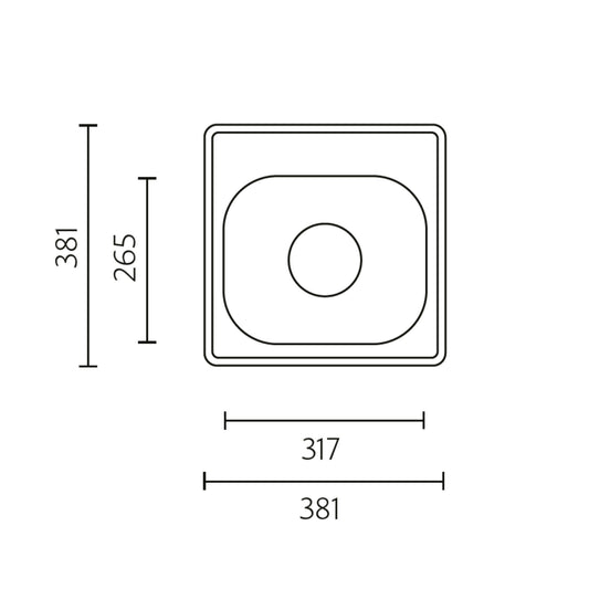 Desenho técnico detalhando as dimensões externas de 381x381mm e as medidas internas da cuba.