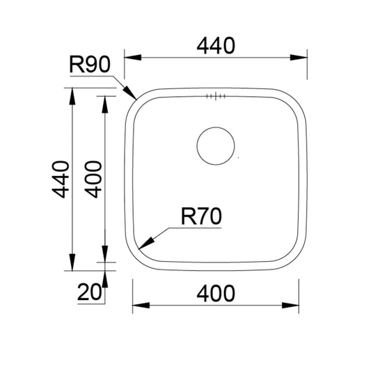 Diagrama técnico detalhando as medidas de 440x440mm e raios R70 e R90 do lava-louça Rodi Bahia.