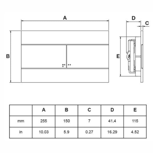 Esquema técnico com as dimensões frontais e laterais da placa de comando OLI Slim.
