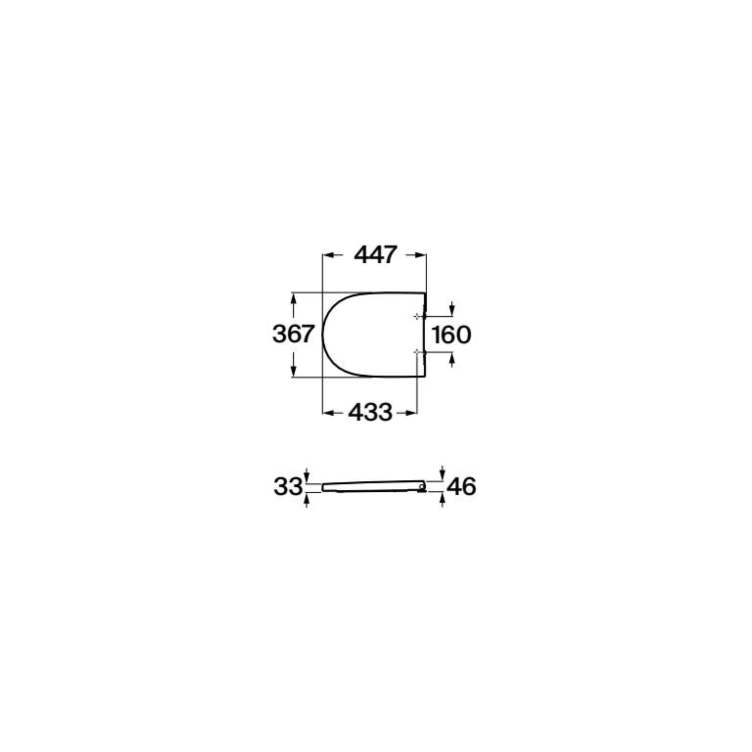 Desenho técnico com as dimensões de 447mm por 367mm do assento de sanita Roca Meridian-N.