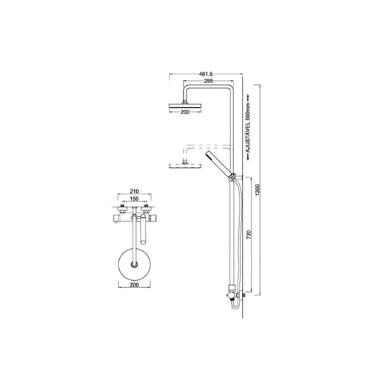Desenho Técnico da Misturadora Termostática de Base c/ Coluna Cromo da W7.
