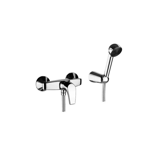 alt='misturadora de duche cromada da série Easy com chuveiro de mão e suporte em fundo branco.'