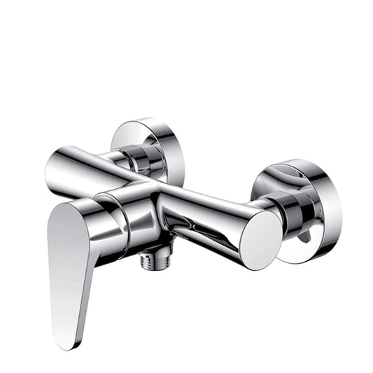 alt='Misturadora de duche monocomando Mebra Cone com acabamento cromado e design cónico, vista em perspetiva.'