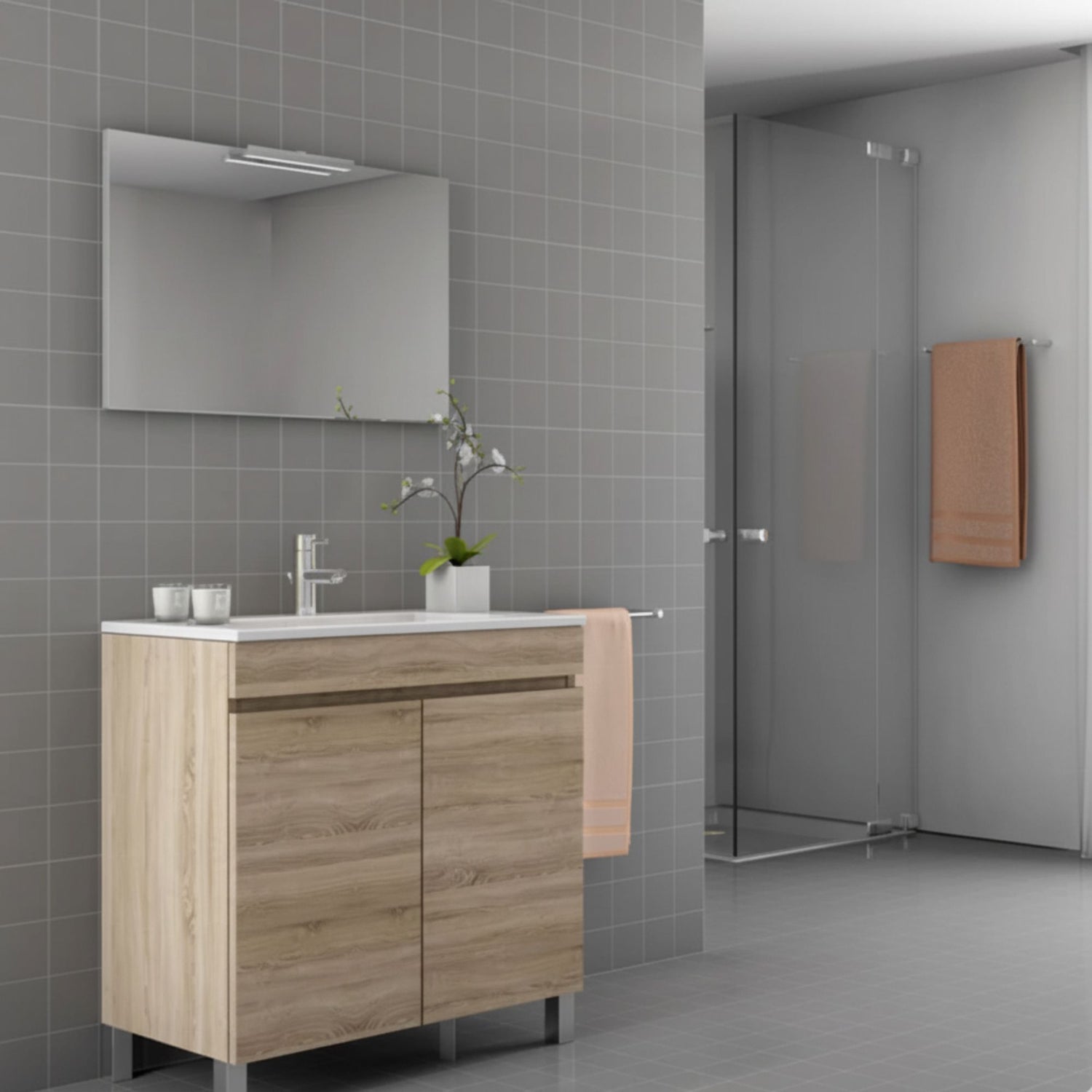 Móvel e lavatório Moovlux 60cm Beja Oak em contexto de casa de banho com azulejos cinzentos, estilo minimalista.