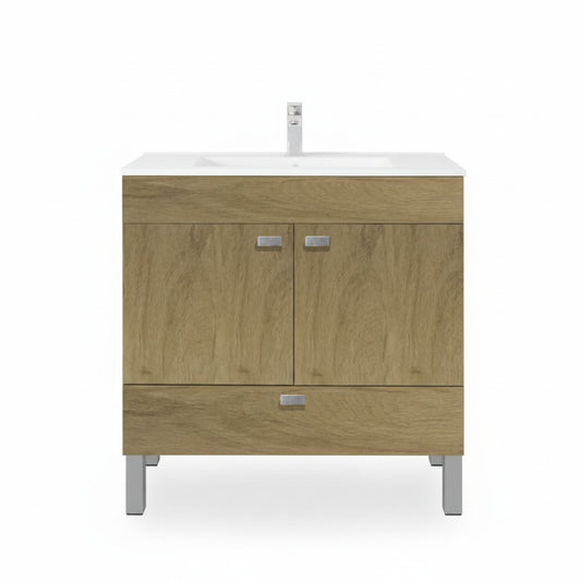 Vista frontal do móvel de casa de banho LISBOA 80cm Denver, mostrando as duas portas, a gaveta inferior e os pés metálicos.