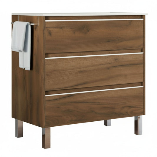 Móvel lavatório 80cm Menacho Vesta Nogal Natural com 3 gavetas e toalheiro lateral