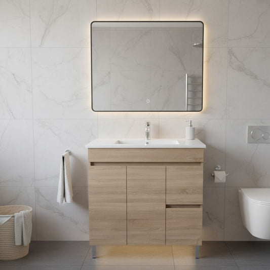 Móvel lavatório 80cm Moovlux Braga Oak com lavatório, espelho e sanita