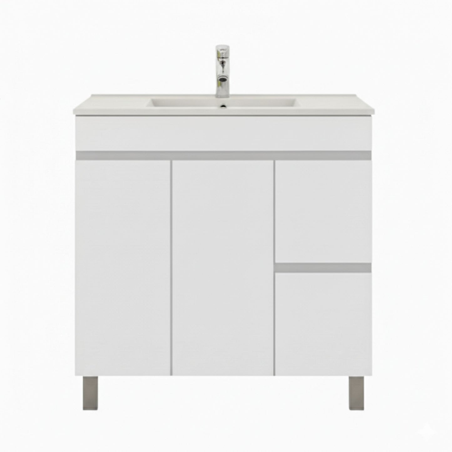 Detalhe do Móvel e Lavatório Moovlux Braga 80cm, cor branco, com portas, gavetas e pés metálicos