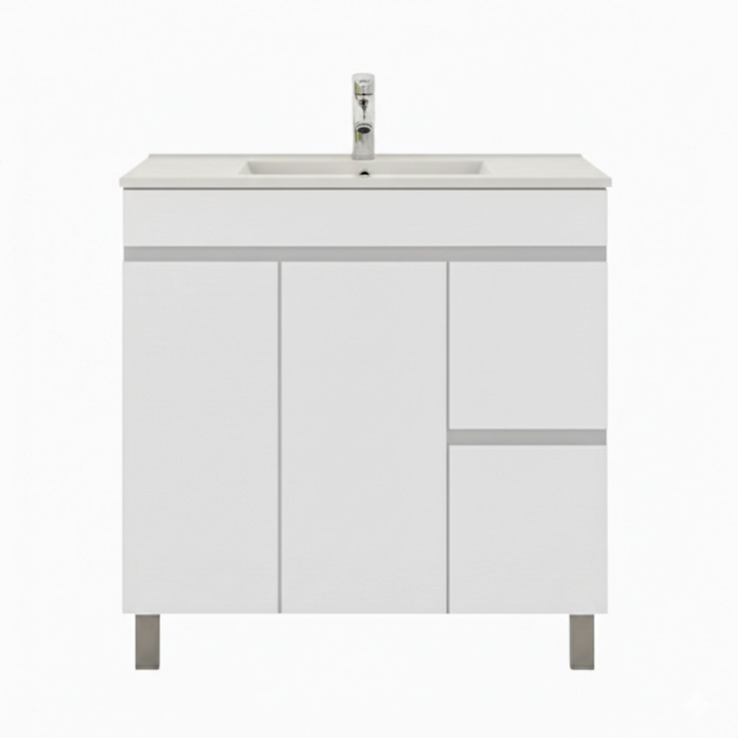 Detalhe do Móvel e Lavatório Moovlux Braga 80cm, cor branco, com portas, gavetas e pés metálicos