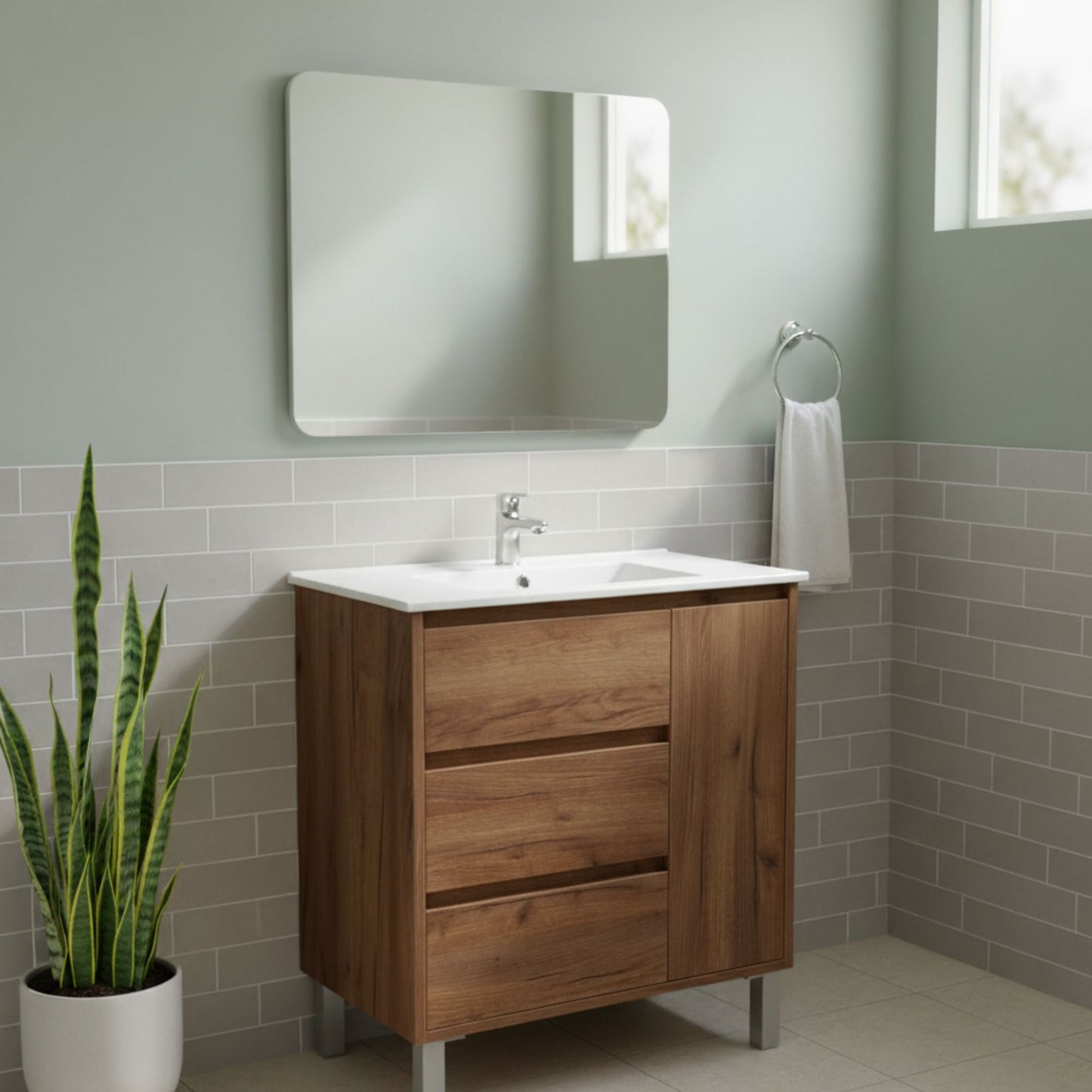 Móvel de casa de banho Menacho 80cm Verin Roble Ocre instalado, com espelho e decoração de casa de banho verde e cinzenta.