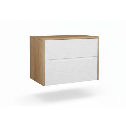 Móvel de casa de banho Menacho 80cm suspenso, vista isolada, com laterais em carvalho Roble Ocre e frentes de gaveta em Branco Polar Wavy.