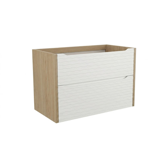 Móvel de casa de banho Menacho 80cm suspenso, vista isolada, com laterais em carvalho Roble Ocre e frentes de gaveta em Branco Polar Wavy.