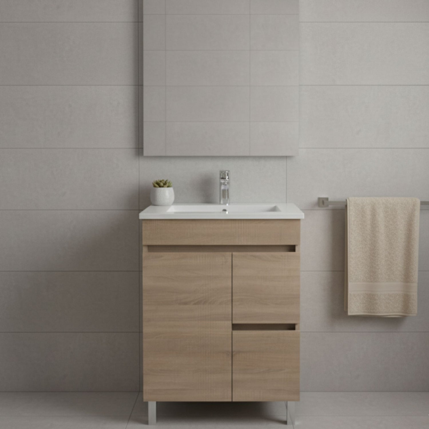 Móvel de casa de banho Moovlux 60cm Braga Oak instalado em casa de banho moderna, com espelho e azulejos cinzentos.