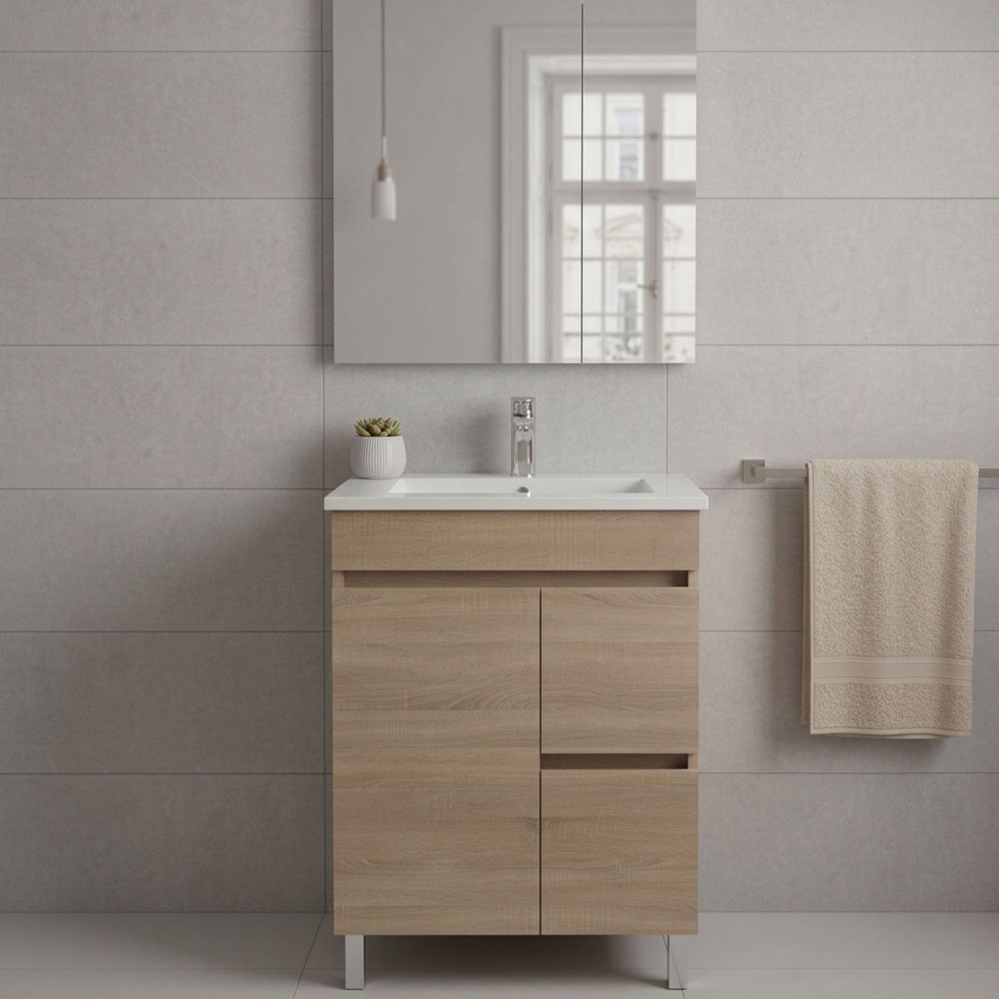 Móvel de casa de banho Moovlux 60cm Braga Oak instalado em casa de banho moderna, com espelho e azulejos cinzentos.