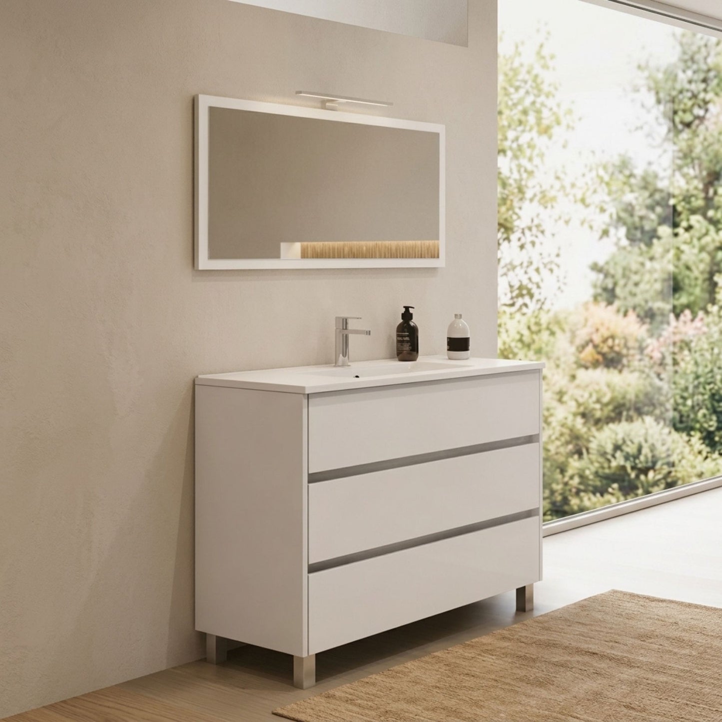 Móvel e lavatório Moovlux 80cm Axis branco em ambiente de casa de banho moderna