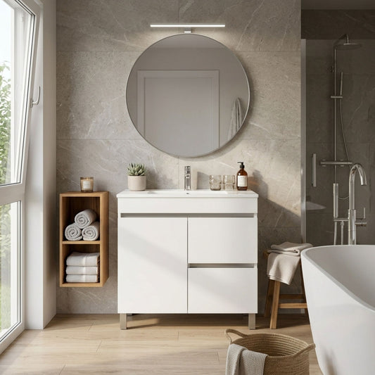 Móvel de casa de banho com 1 porta e 2 gavetas em branco lacado com lavatório cerâmico Moovlux Braga 60cm
