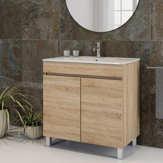Móvel e lavatório Moovlux Viana 60cm oak instalado em casa de banho moderna com revestimento escuro