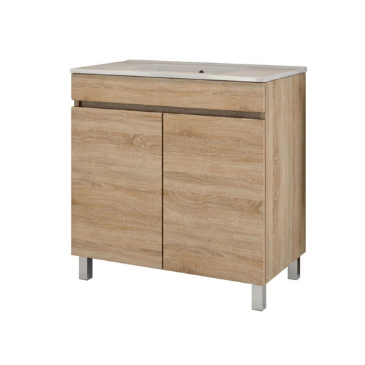 Móvel de casa de banho compacto em tom madeira oak com pés e lavatório cerâmico Moovlux Viana 60cm