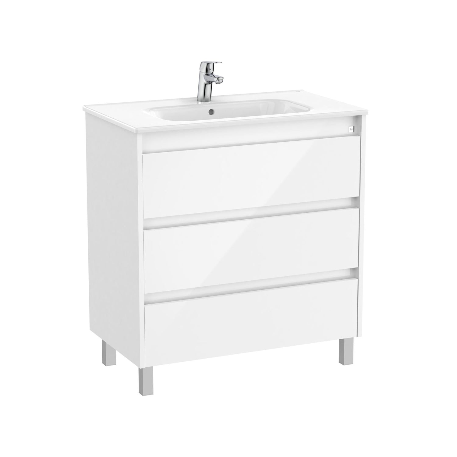 Móvel e lavatório Roca Tenet Unik 80cm branco brilho com três gavetas e pés