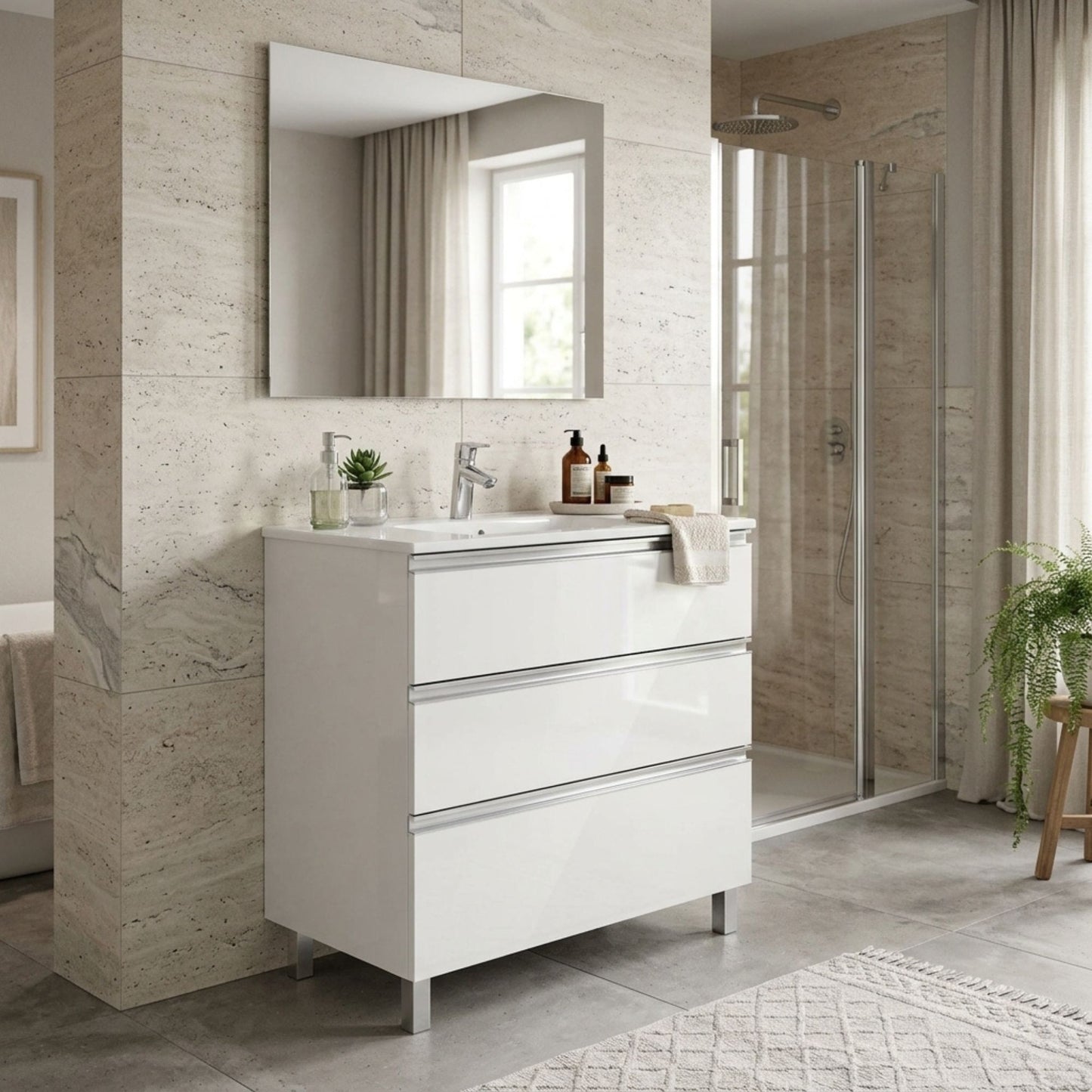 Móvel de casa de banho com pés e lavatório Roca The Gap Unik 80cm branco instalado em ambiente moderno com espelho retangular