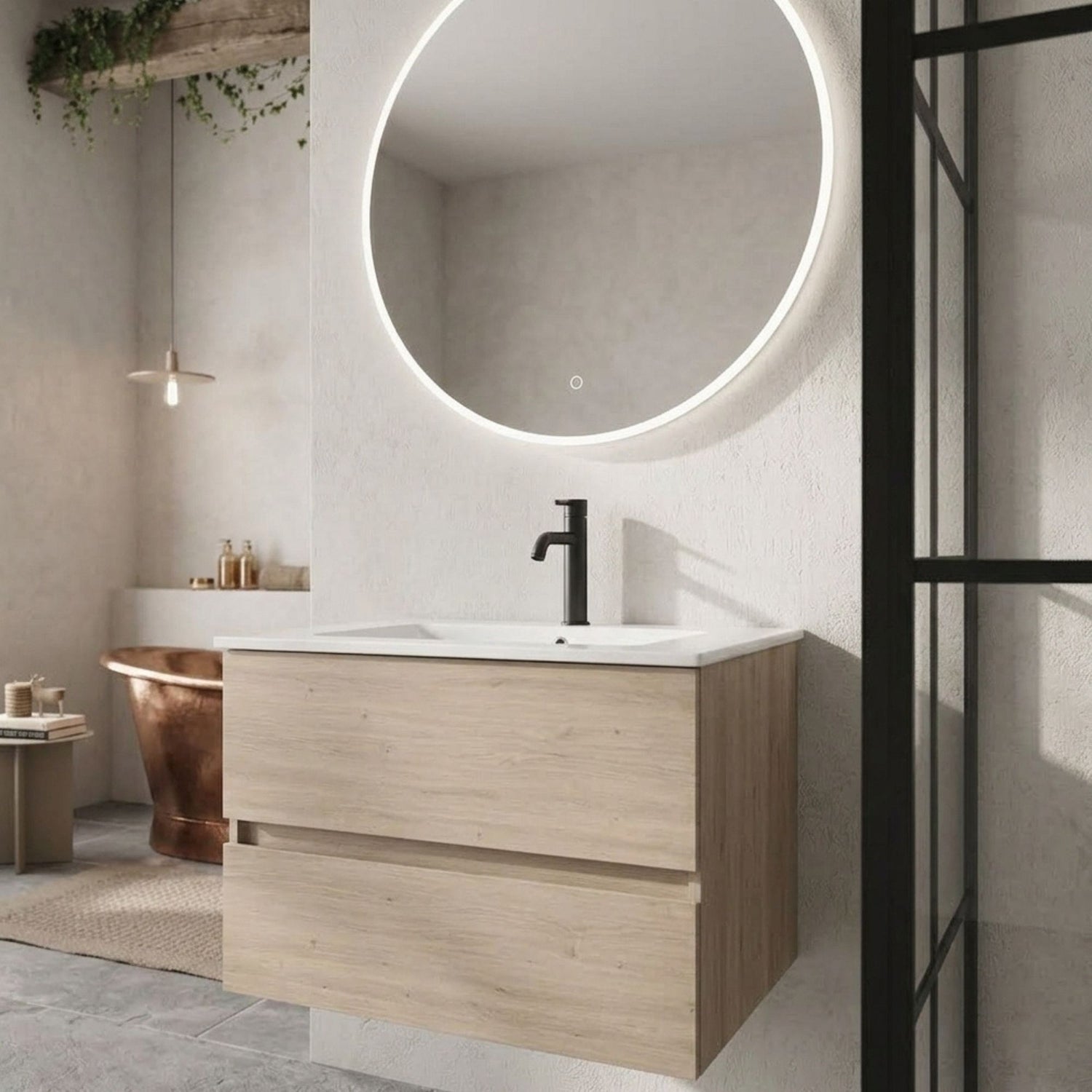 Casa de banho moderna com móvel suspenso Banhoazis 80cm Futura e espelho circular iluminado