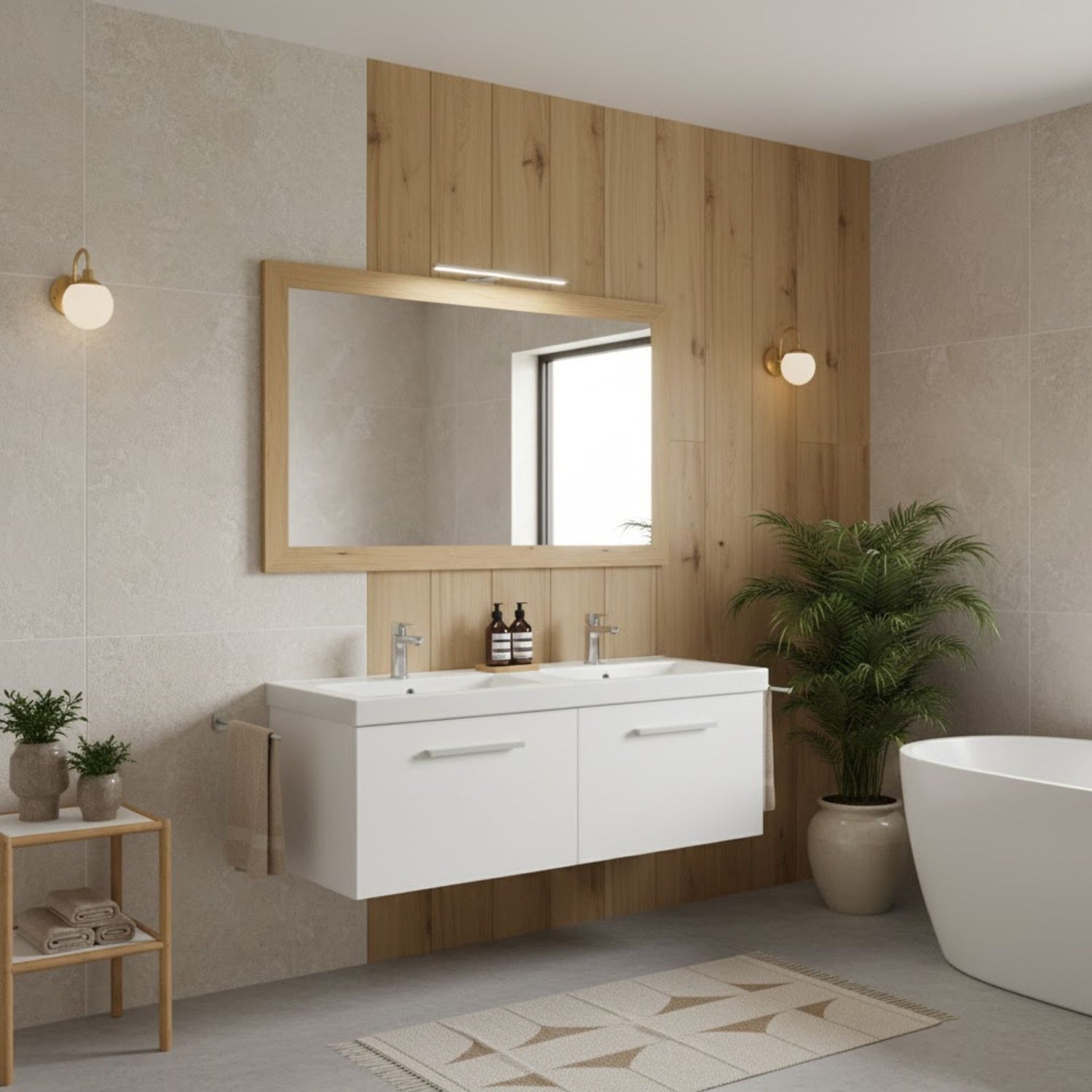 Móvel suspenso lavatório duplo 120cm branco com duas gavetas e espelho grande de madeira