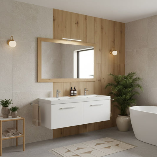 Móvel suspenso lavatório duplo 120cm branco com duas gavetas e espelho grande de madeira