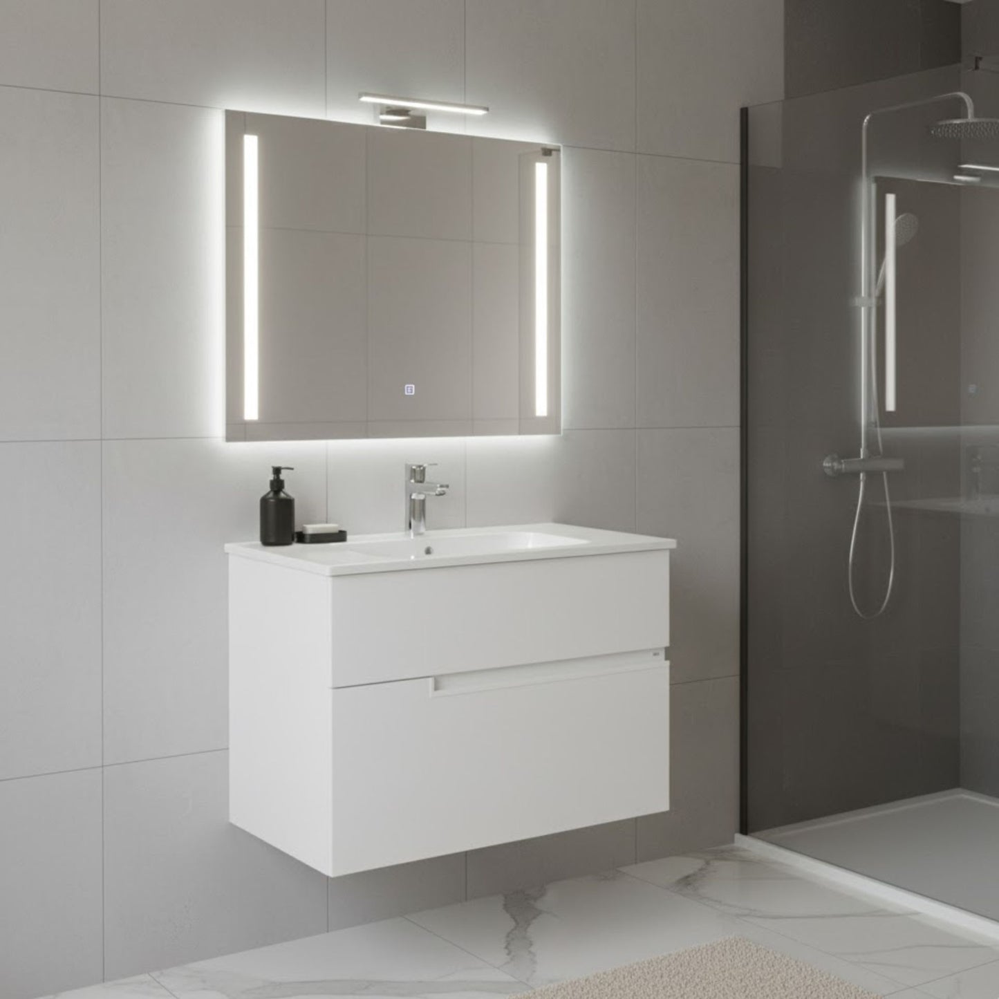 Móvel suspenso com lavatório Roca Victoria Unik branco mate, 2 gavetas, e espelho iluminado