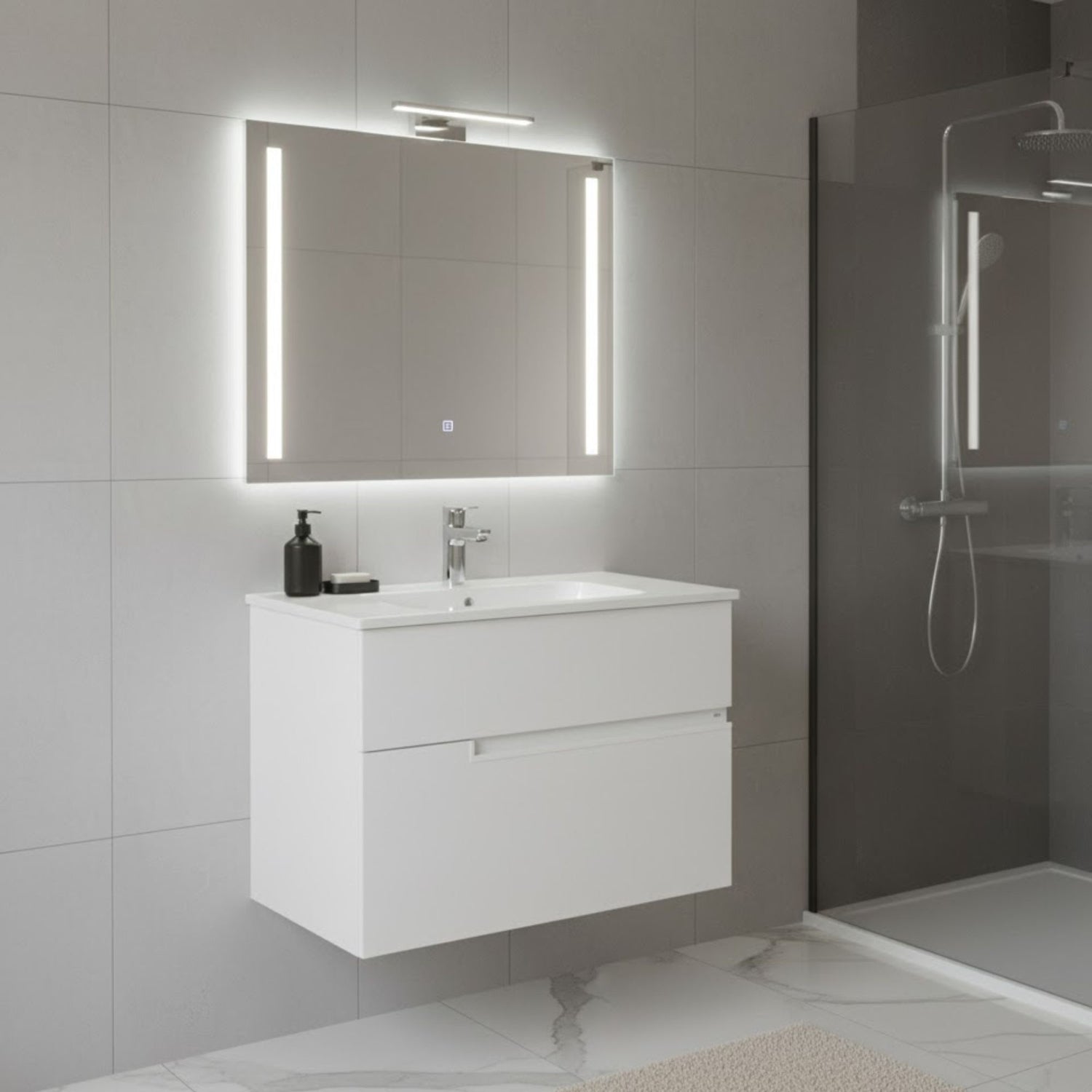 Móvel suspenso com lavatório Roca Victoria Unik branco mate, 2 gavetas, e espelho iluminado