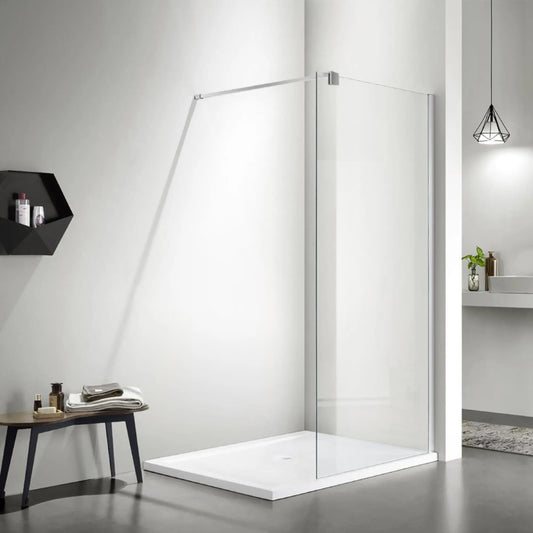 alt text='Painel de chuveiro fixo Milão com perfil em cromo brilhante e vidro transparente.'